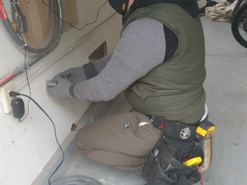 Electrician performing outlet wiring in a Corinth garage